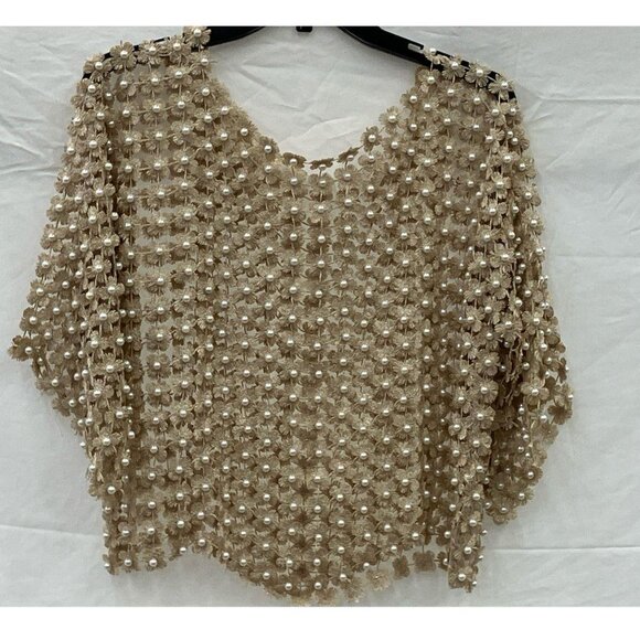 NWT Pearl Embellished Crochet Top, Gold Floral Embroidery Detail, flaw - Picture 9 of 13